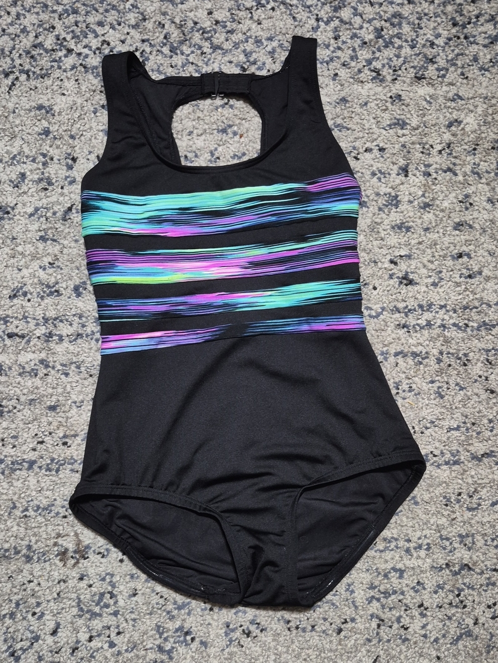 Women's Black One-Piece Swimsuit with Multicolor Stripes